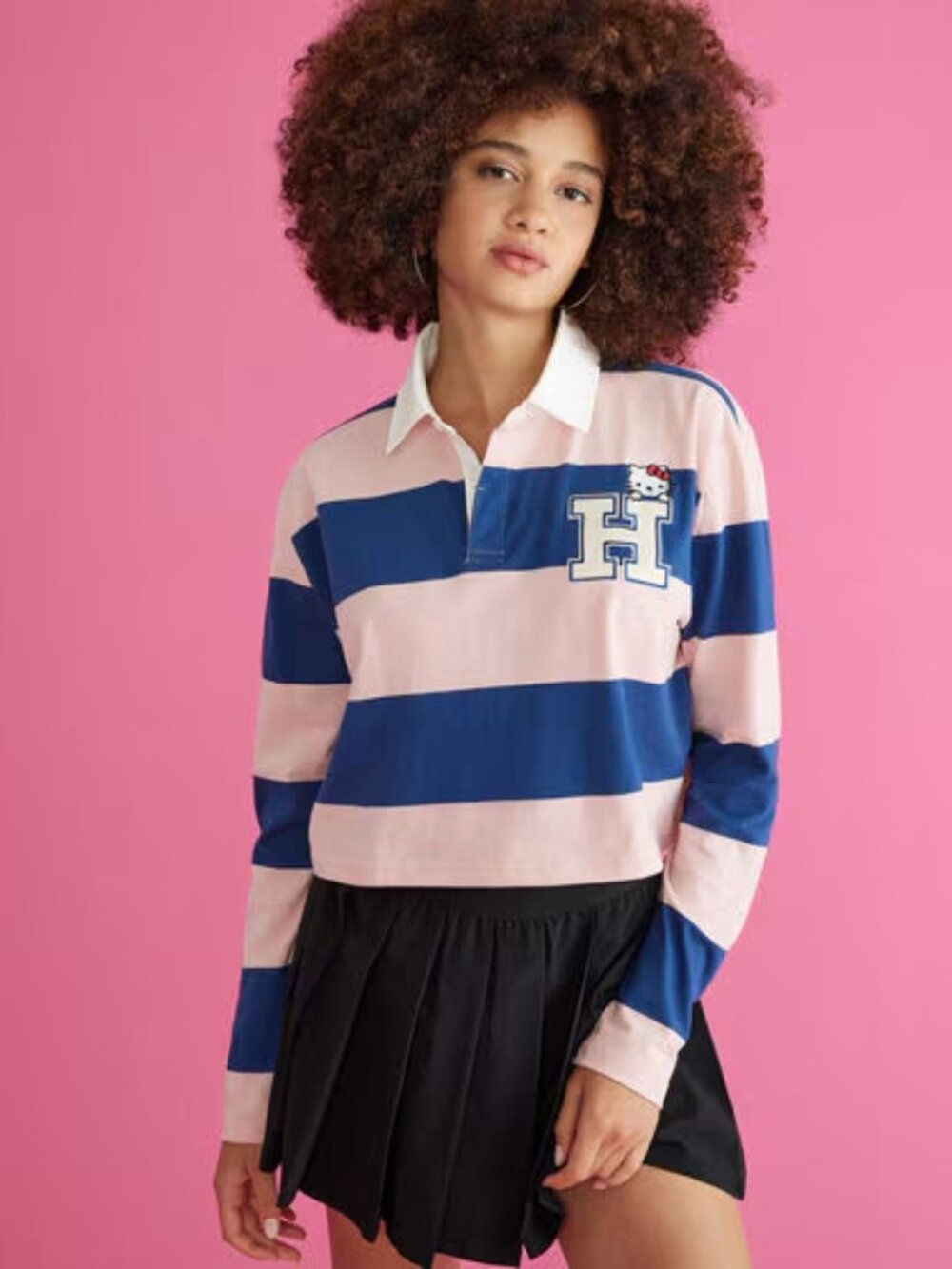 Aeropostale Hello Kitty Sanrio Pink Blue Striped Rugby Shirt Crop Top